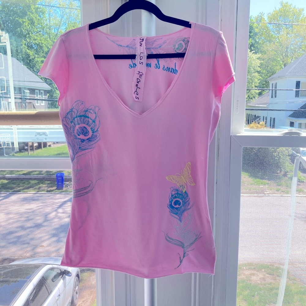 Johnny Was baby pink, embroidered flutter cap sleeve with raw edges.